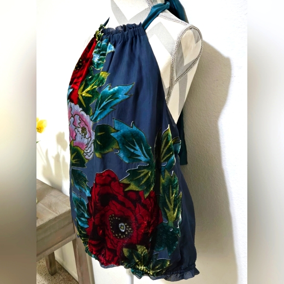 ✨HOST PICK✨️Hale Bob Floral Velvet Burnout on Blue Halter Top Silk Lining Large - Picture 3 of 12